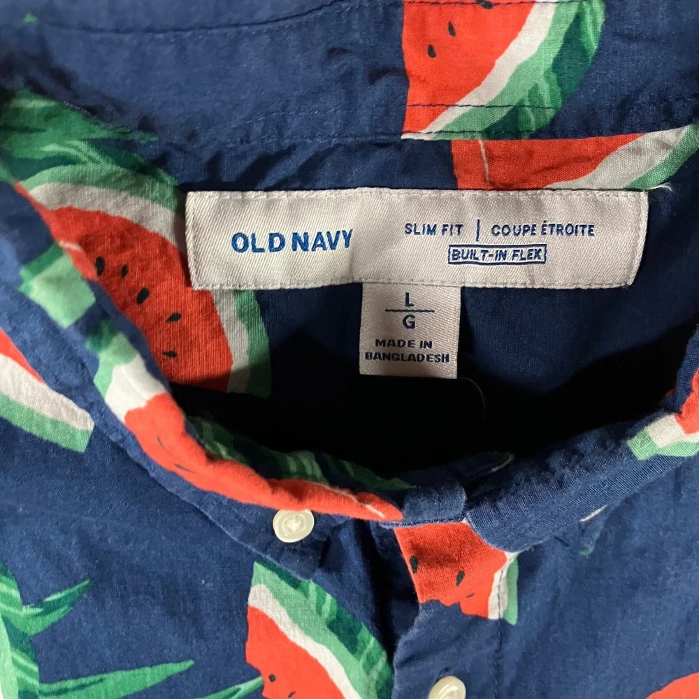 Old Navy Button Graphic Button Up Shirt Men M Watermelon Palm Leaf‎ Vaca Beach